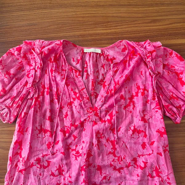 Karlie Pink Floral Cotton Puff Sleeve Blouse Small Preppy Boutique Boho Chic - Image 3