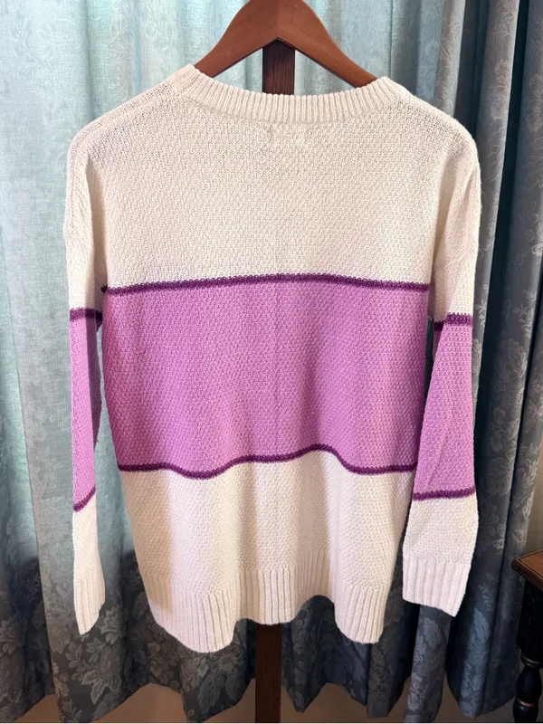 Pulse Cream and Lavender Colorblock Crewneck Sweater with Purple Trim - Image 3