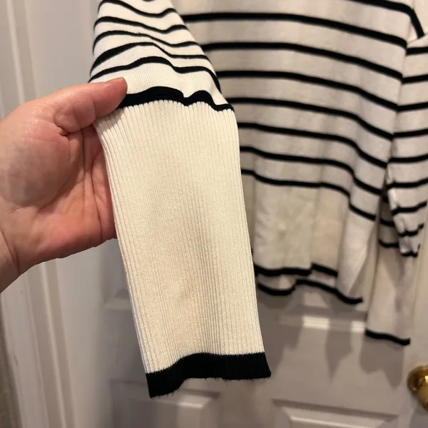 Rachel Zoe Womens Large White Black Striped Mock Neck Ribbed Cuff Sweater French - Image 4