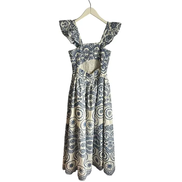 Zara Blue White Paisley Print Ruffle Strap Tiered Midi Dress Boho Womens M‎ - Image 2