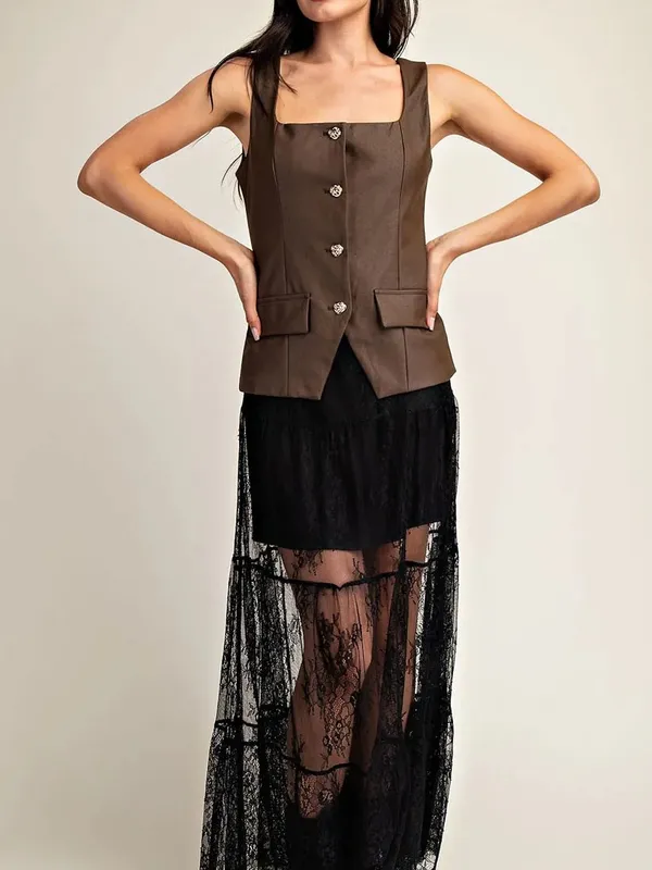 Amanda Jean NYC NWT Vegan Squared Neckline Tailored Top Brown Size M - Image 4