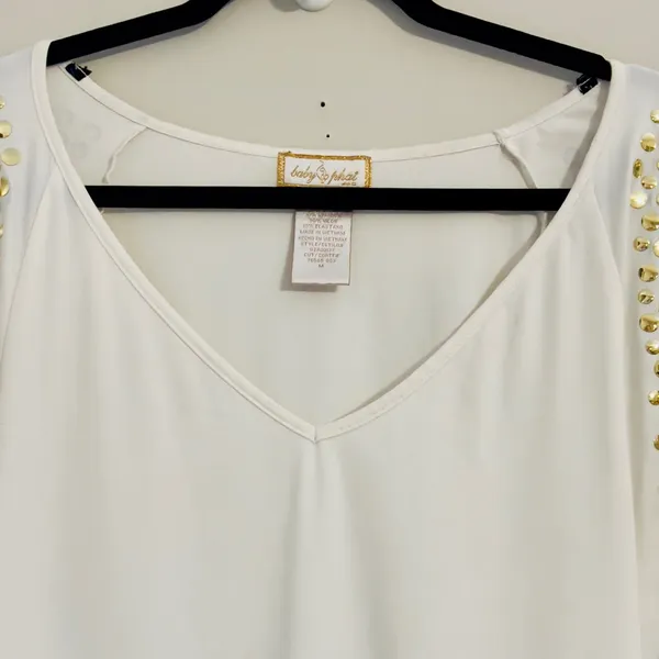 Vintage Baby Phat Y2k white top with gold stud embellished flutter sleeves - Image 5