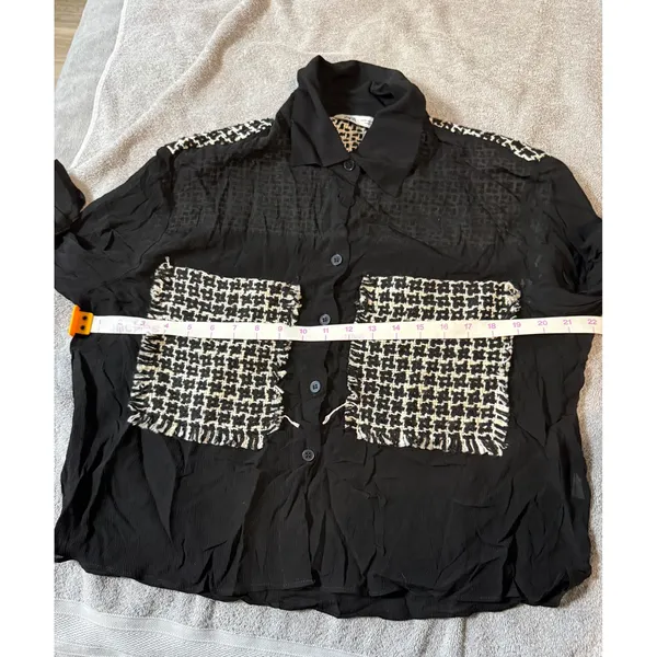 ZARA Black Sheer Blouse Black White Cream Tweed Pockets Button Up‎ Size Medium - Image 5