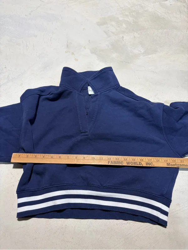 Aerie cropped Navy Quarter-Zip Pullover with Striped Hem small - Image 3