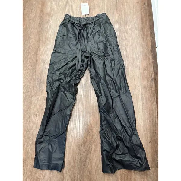 ZARA Faux Leather Drawstring Wide Leg Pants‎ Black XS - Image 2