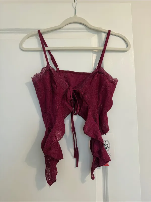 Cider Lace Ruffle Hem Knotted Knit Crop Top, Size XXS - Image 5