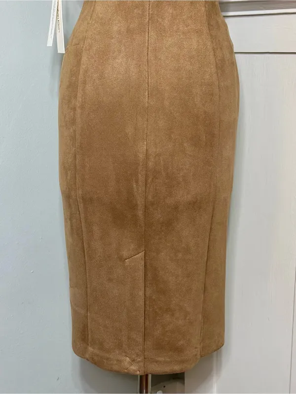 Calvin Klein Faux Suede Zip-Front Midi Dress Tan Camel Brown NWT Size 10 - Image 7