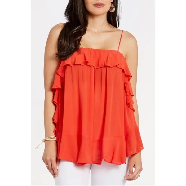 Free People Cascades Ruffle Cami Size XS Coral Red Orange Flowy - Image 5