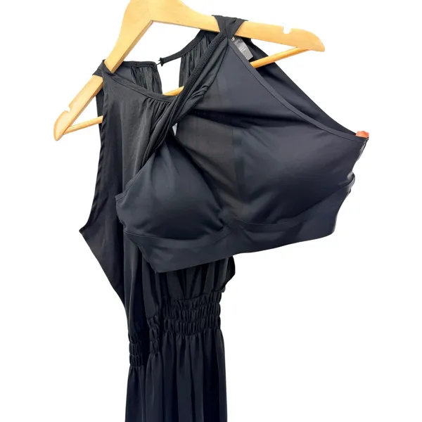 SheBird Emma Black Satin Knit Bateau Neck Built‎ In Bra Midi Dress Smocked M L - Image 8