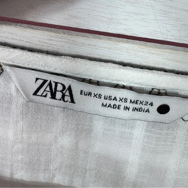 Zara Boho Embroidered Textured Cotton Tunic Shift Mini Dress White Tan Black XS‎ - Image 11