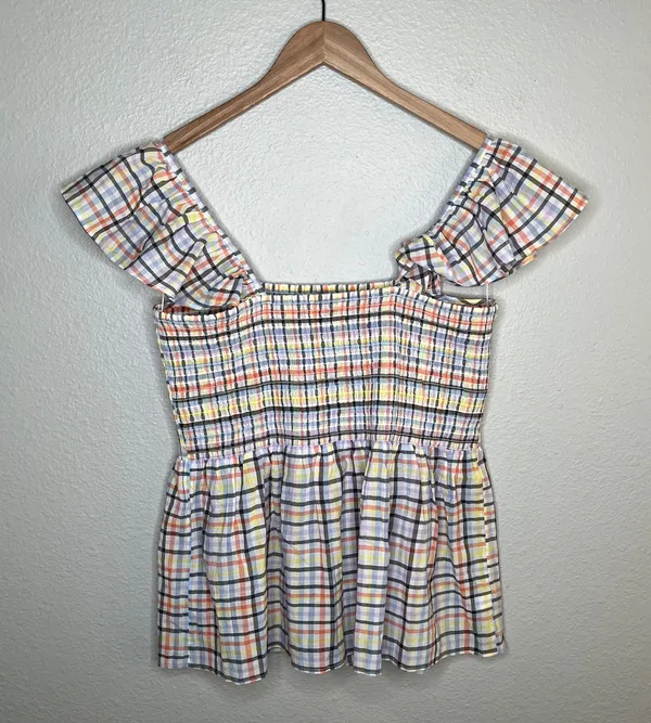 multicolor plaid smocked off shoulder baby doll top size large - Image 9