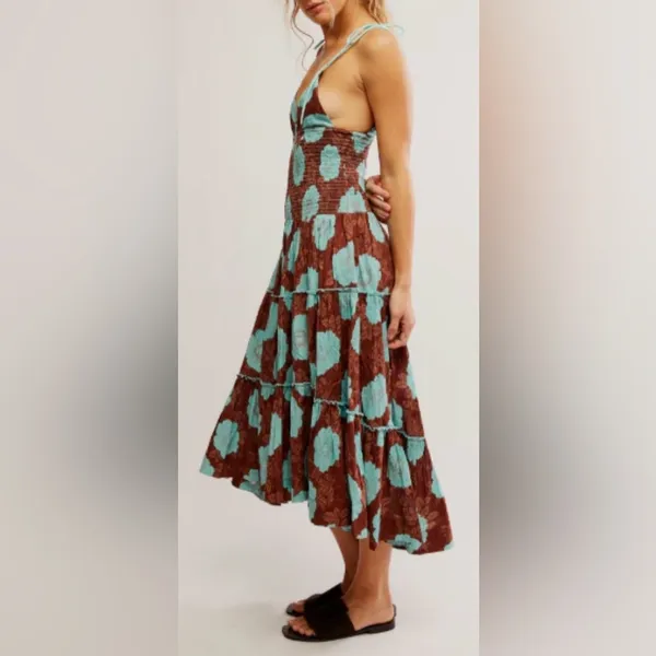NEW Free People adriel floral print knee length cami dress in nutmeg sz M - Image 3