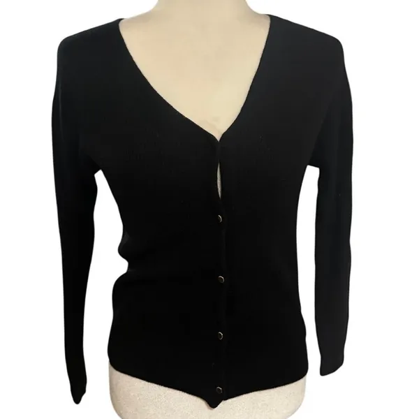 Aritzia Wilfred Black Ribbed Wool Blend Gold Button Front Cardigan Sweater XXS - Image 2