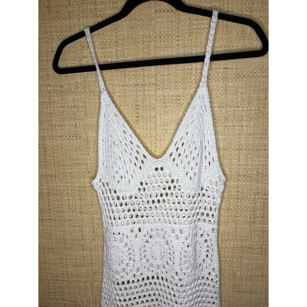 Aerie White Crochet Mini Dress V-Neck Spaghetti Strap Boho Beach Coverup Small - Image 2