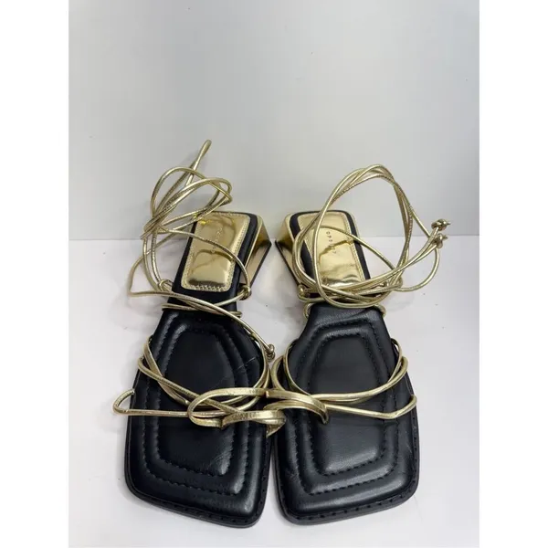 Top Shop Ankle Wrap Sandals Size‎ 6US Gold Black Square Toe Block Heel - Image 4