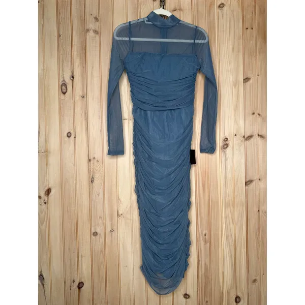 NWT Lulus Impressive Flirt Slate Blue Mesh Ruched Mock Neck Midi Dress Size S - Image 2