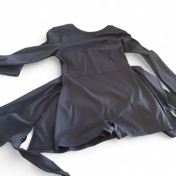 Navy Blue Long Sleeve Tie Front Romper Dress Skort - Image 7