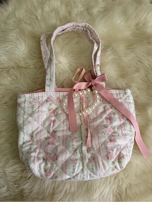 Boutique Floral Quilted Pink Tote Bag with Tie Closure - Image 2