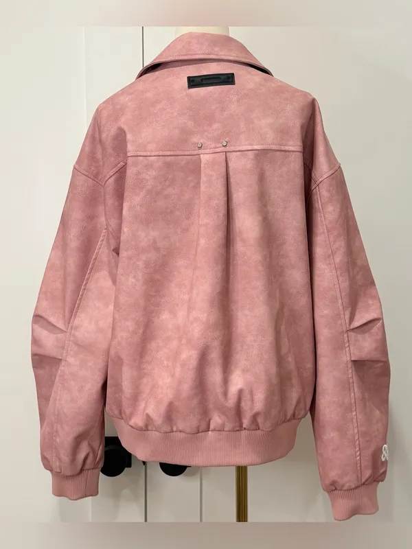 88Rising Pink Faux Leather Bomber Jacket Large Kpop Grunge Y2K Streetwear Edgy - Image 3