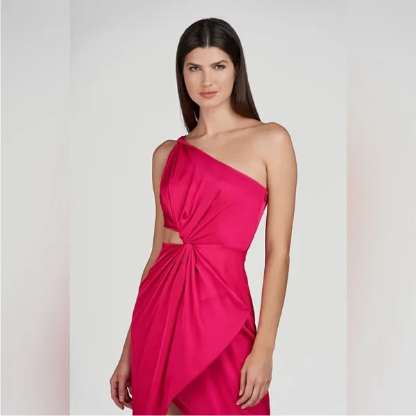 AMUR Deena One Shoulder Midi Dress in Rosie Raspberry‎ Hot Pink Satin Cut Out 4 - Image 4