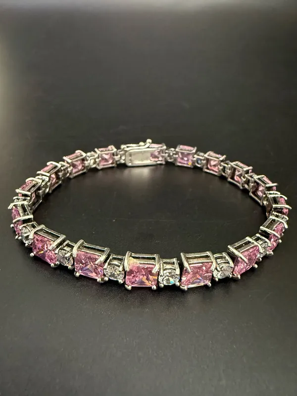 Vintage 925 Sterling Silver Princess Cut Pink CZ & Clear Round Tennis Bracelet - Image 2