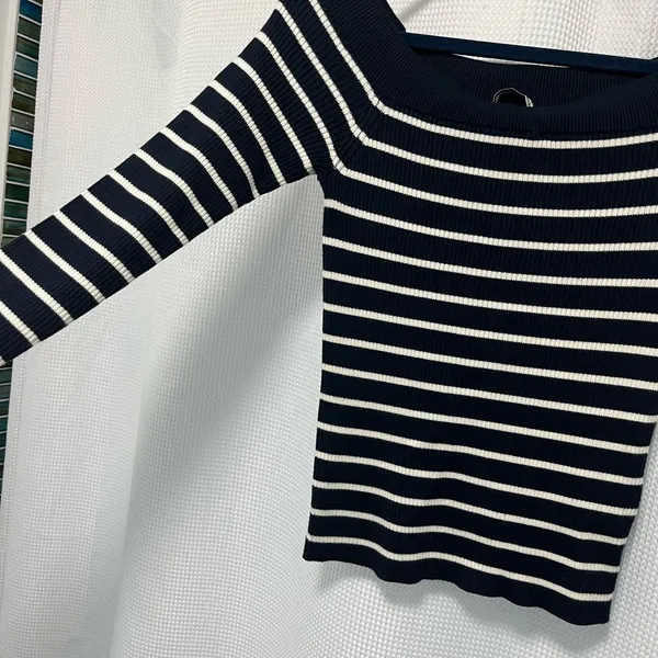Abercrombie & Fitch Navy and White striped off the shoulder sweater - Image 9