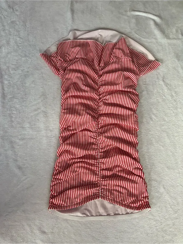 Edikted Gaia Gathered Mini Dress Red White Size XS Ruffle Hem Strapless Ruched - Image 8