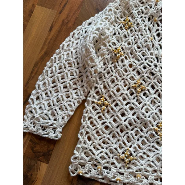 Unbranded Crochet Cardigan Women OS Cream Beaded Boho Open Knit‎ Sweater swim - Image 4
