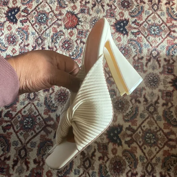 Oh Polly Hideaway Ribbed Leatherette Mule Heels in Cream - Image 3