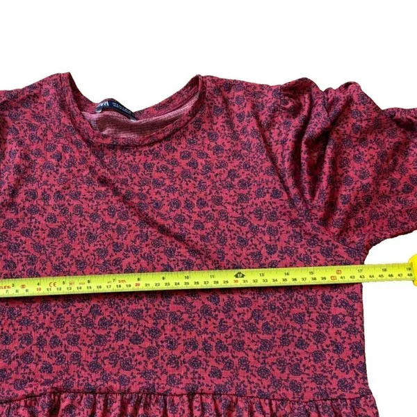 ZARA Red Black Dainty Floral 1/4 Sleeves Tiered Maxi Dress Womens Size Small S - Image 5