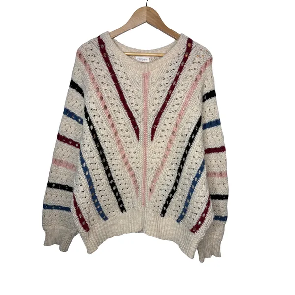 Vestique Sweater Womens Large Cream Multi Stripe Pointelle Knit Oversized Boho‎ - Image 3