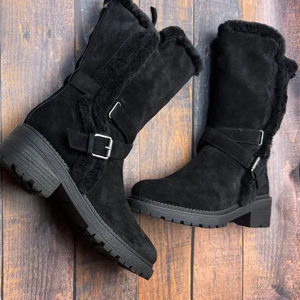 Sam Edelman Jailyn Black Suede Faux Fur Lined Mid-Calf Lug Sole Moto Boots 9.5M - Image 9