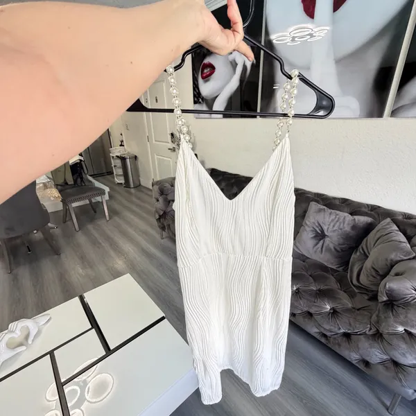 ✨ NWT RIHOAS White Textured Plissé Mini Dress w/ Pearl Straps (Size XS) 🤍 - Image 5