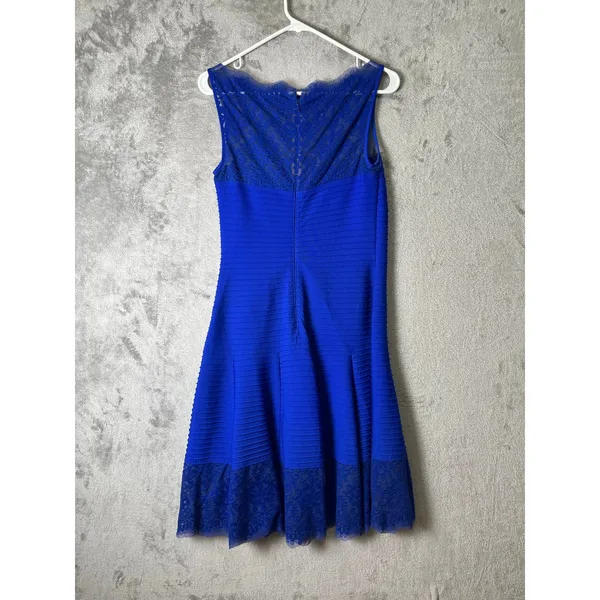 Tadashi Shoji Lace Fit Flare Midi Dress Blue Romantic Wedding Guest‎ Luxe Small - Image 4
