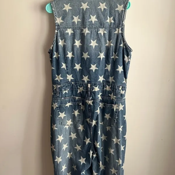 Ashley Stewart Size 12 Star Denim Jumpsuit Distressed Wide Leg Americana Western - Image 2