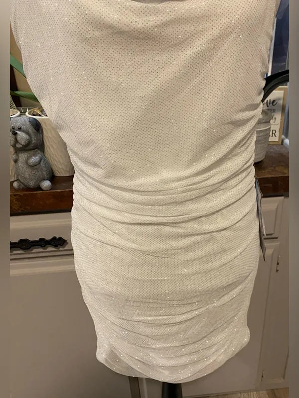 NWT B. Darlin Junior’s Off-Shoulder Glitter White Mesh Ruched Bodycon Dress - Image 4