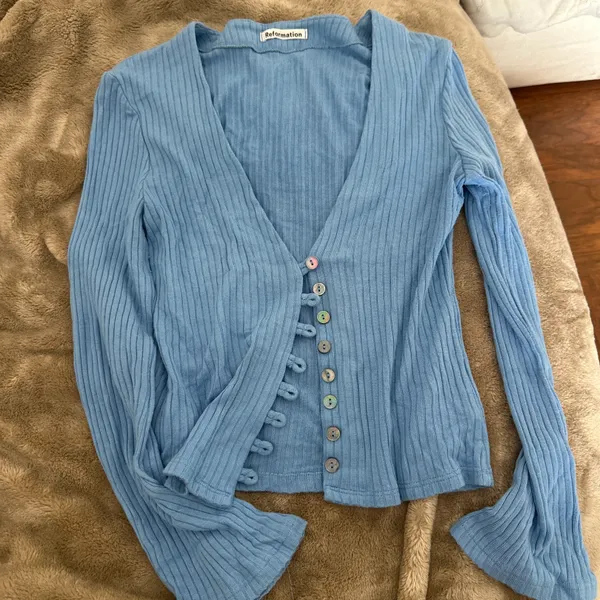 Reformation blue ribbed “Gellar” cropped cardigan - Image 5