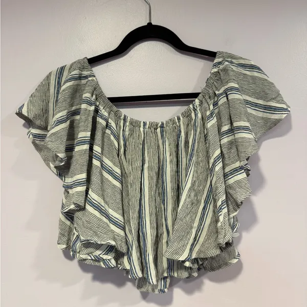 Grey white‎ and blue Angie stripe flowy button shirt - Image 4
