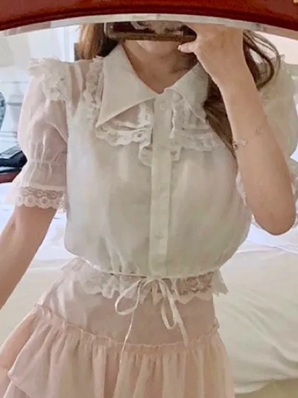 Japanese Kawaii White Lace Ruffle Elegant Lace Blouse Crop Top - Image 6