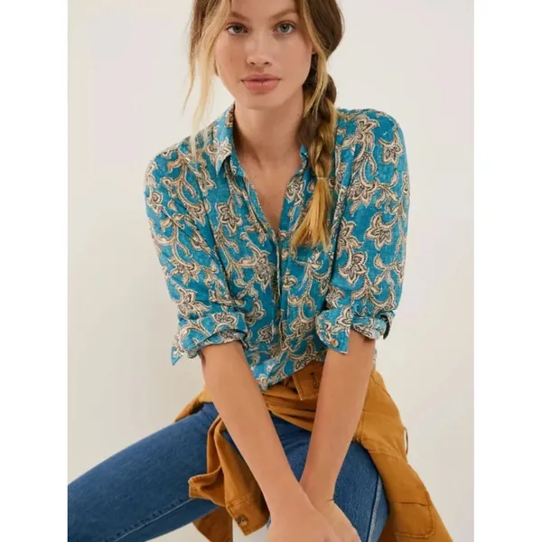 Pilcro Anthropologie Leilani Tunic Top Womens XS Blue Button Down Boho Western - Image 2