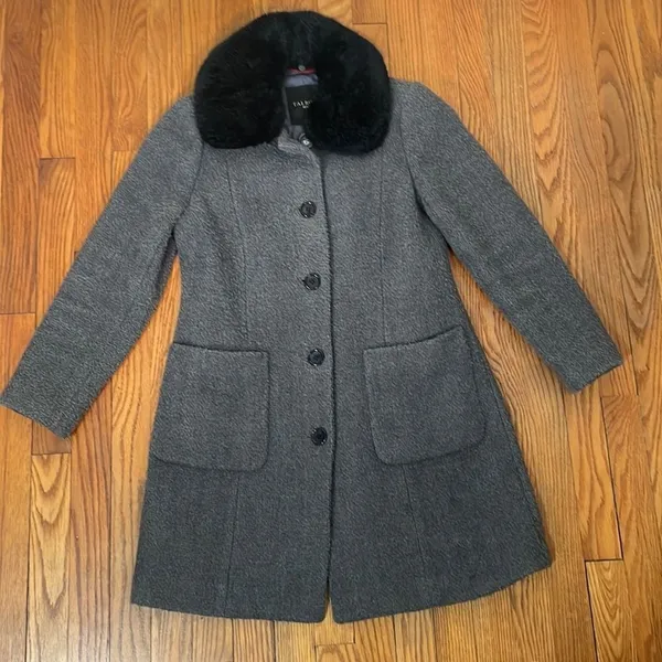 TALBOTS Boucle Wool Blend Coat Grey Faux Fur size Small Petite‎ - Image 2