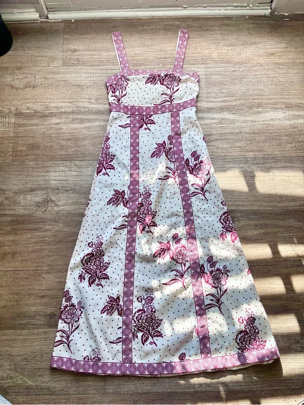 Cottagecore Cotton Linen Block Print Floral Polka Dot Maxi Dress Boho Tulip C. - Image 2