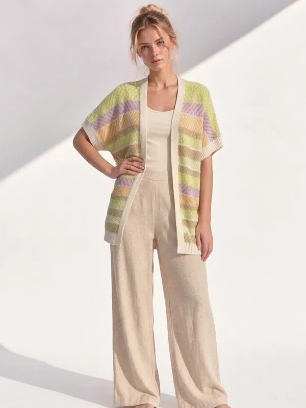 NEW Very J Open Front Cardigan Sweater SMALL Short Sleeve Striped Pastel Beige - Image 3