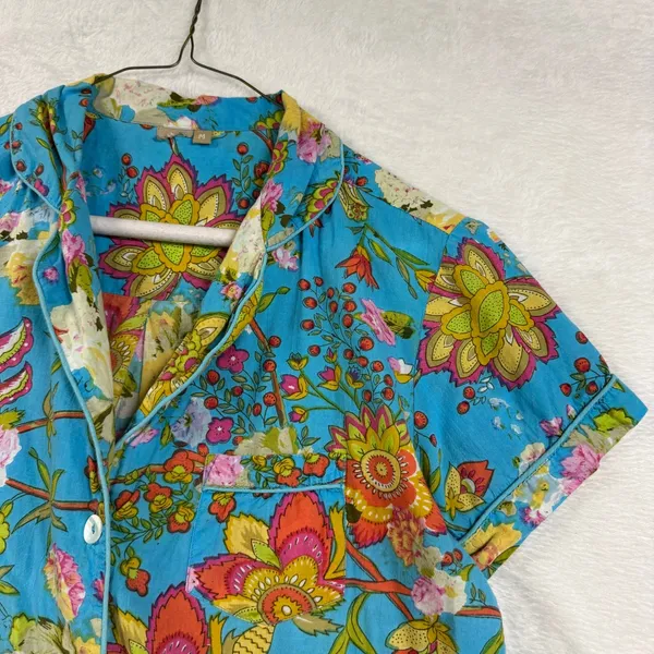 Floral‎ M Blue Print 100% Cotton Pajama Top Short Sleeve Pearl Button India Boho - Image 2