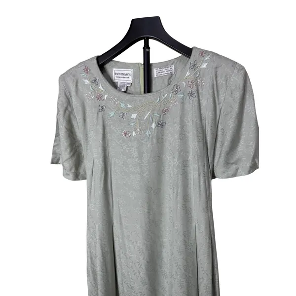Karin Stevens Vintage 90s Sage Green Floral Damask Embroidered Maxi Dress‎ Large - Image 2
