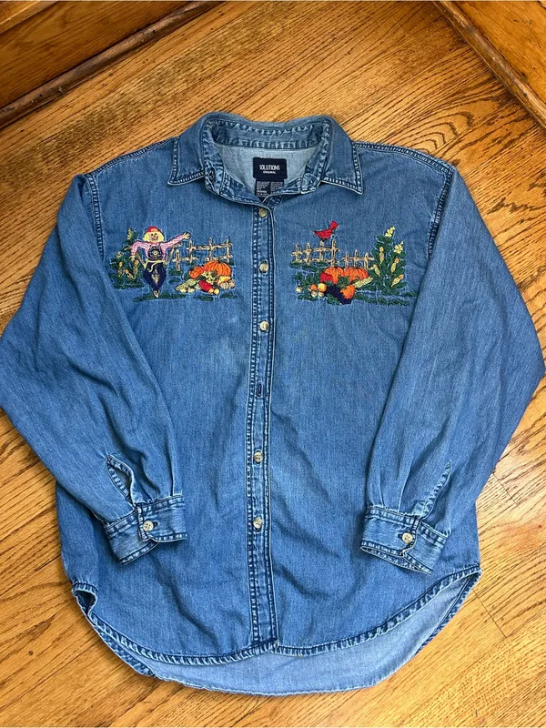VTG 90’s Solution Originals Embroidered Fall Scene Denim Button Up Shirt Size L - Image 5