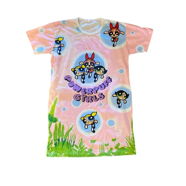 Powerpuff Girls Pink lady Vintage 90s Cotton T-shirt dress Graphic Tee Dress - Image 3