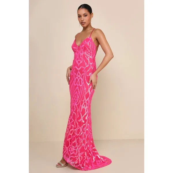 NWT Lulus Perfect Enchantment Hot Pink Sequin Lace-Up Mermaid Dress Ball Sz XXS - Image 9