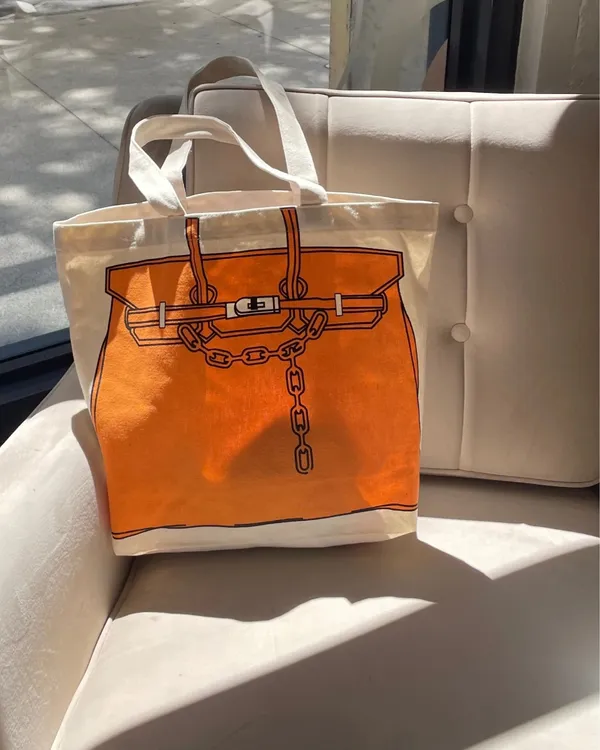 Canvas Tote Bag – Drawing Print Shopper, Large Everyday Shoulder Bag Orange - Image 4