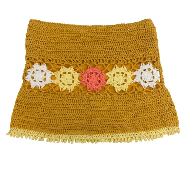 Mora‎ Mustard Yellow Crochet Floral Medallion Fringe Mini Skirt One Size Boho - Image 3